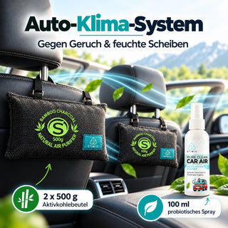 Stimio Auto-Frische Set – Luftentfeuchter & Geruchsentferner fürs Auto (2 × 500 g + 100 ml)