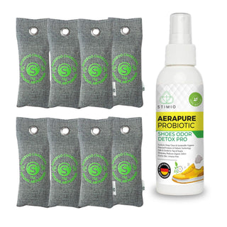 Duo anti-odeurs de chaussures : 8 sachets de charbon actif + 100 ml de spray probiotique